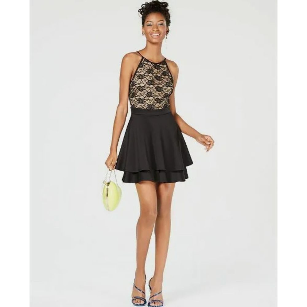 Honey and Rosie Black Halter Style Fit & Flare Dress with Floral Lace Bodice